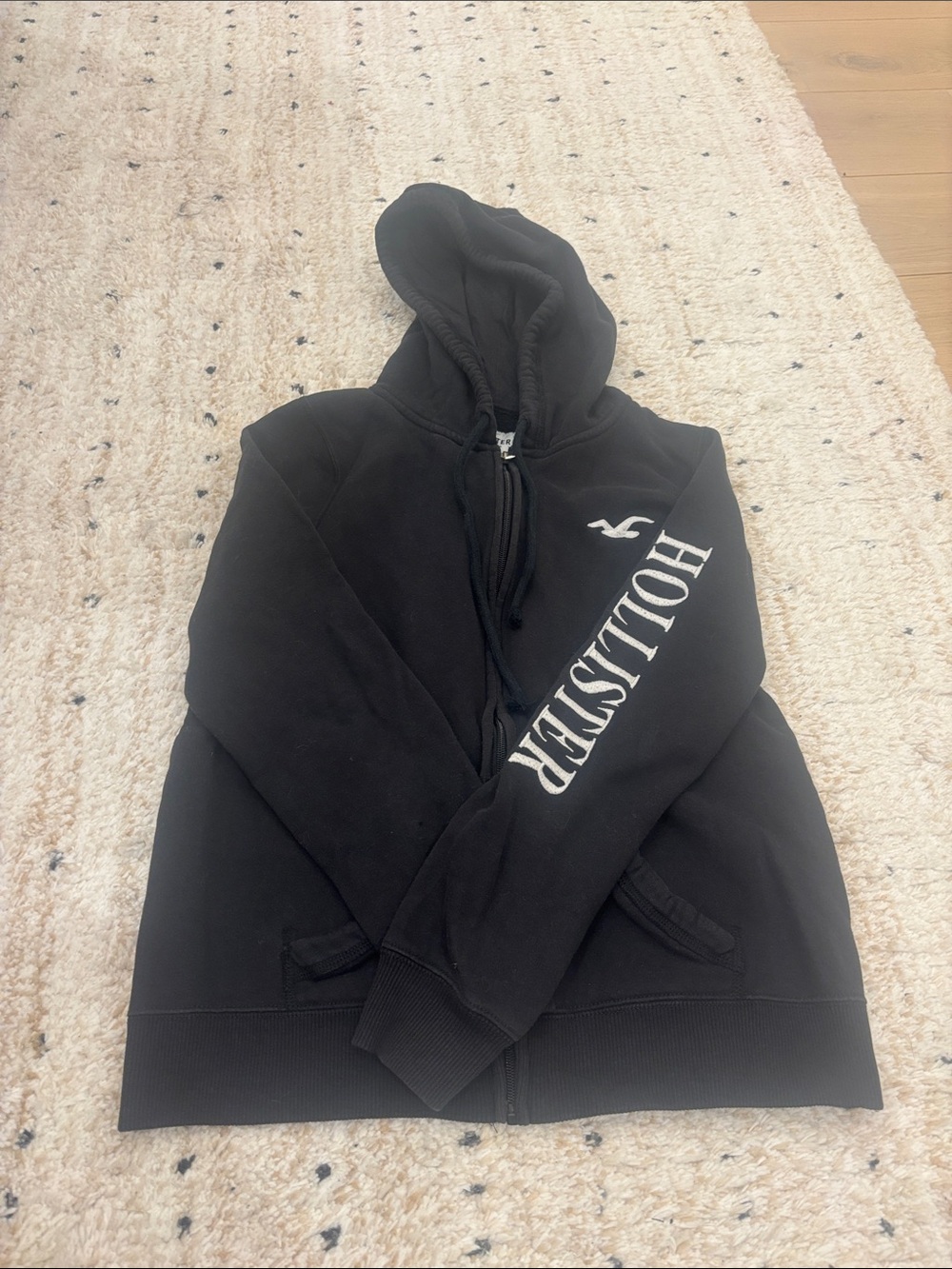 Hollister Black Zip Hoodie with White Sleeve Logo